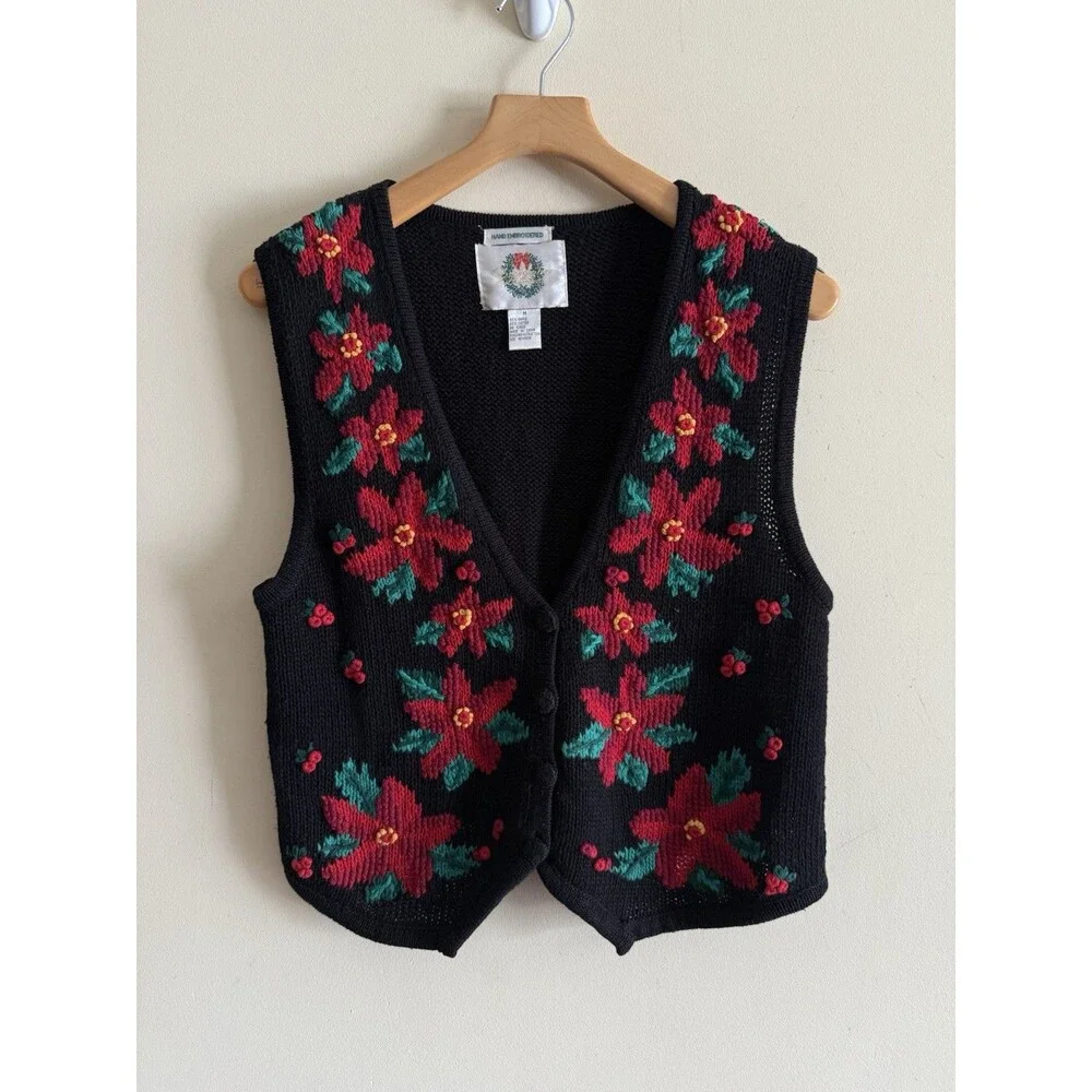 Vintage Sweater Vest Hand Embroidered‎ Christopher & Banks Christmas Floral M